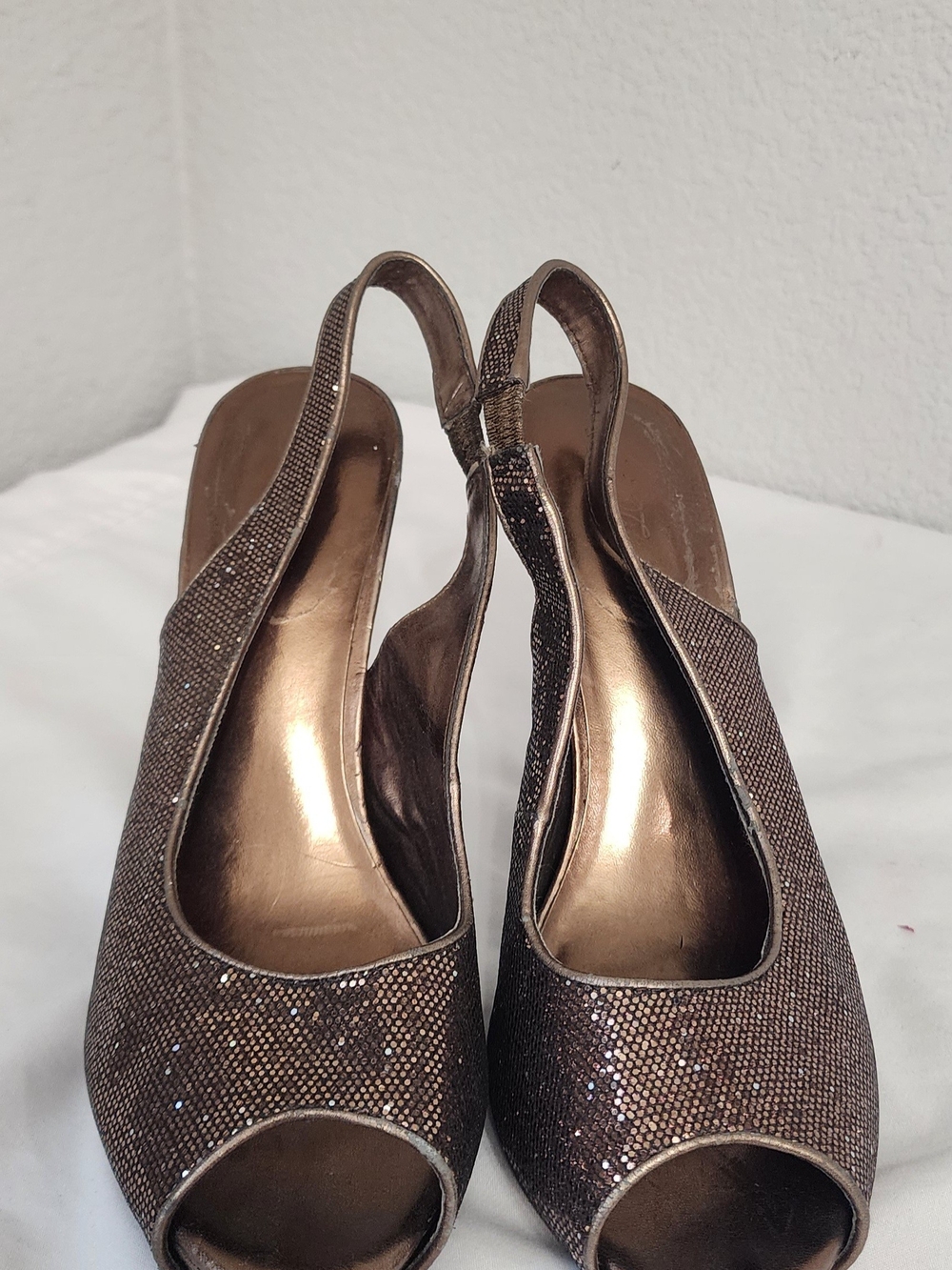 Audrey Brooke Bronze Glitter Slingback Peep-Toe Heels